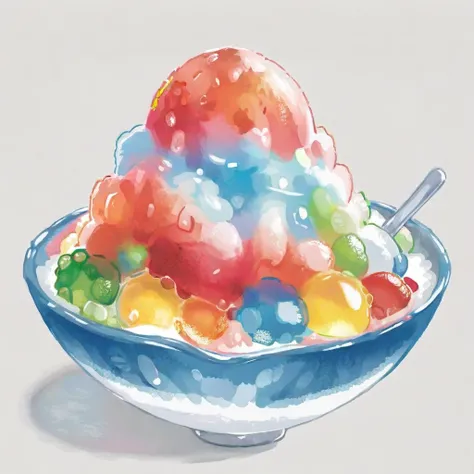 An image in watercolor style featuring a bowl of shaved ice, topped with vibrant, colorful syrups in shades of red, blue, and green. The ice glistens with a realistic texture, while the syrup flows down in a visually appealing manner. The bowl is set again...