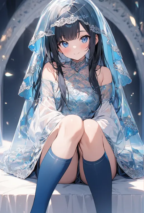 ((Highest quality)), ((masterpiece)), ((Very detailed)), (Very cute and kind),A cool-looking woman with gentle black hair and a height of about 165cm.，A woman with a cute smile wearing a transparent blue waifus with a cute patterned hood and bare shoulders...