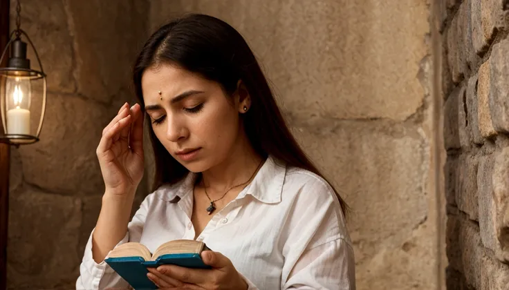 a woman praying with her hands crossed, em frente a uma vela, e uma biblia a frente