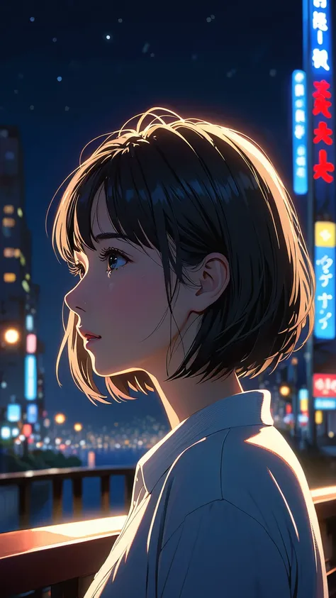 High resolution,Your Name Movie Style, night, midnight, Light, (1 female: 1.3), (alone: 1.4), Long eyelashes, Short Bob