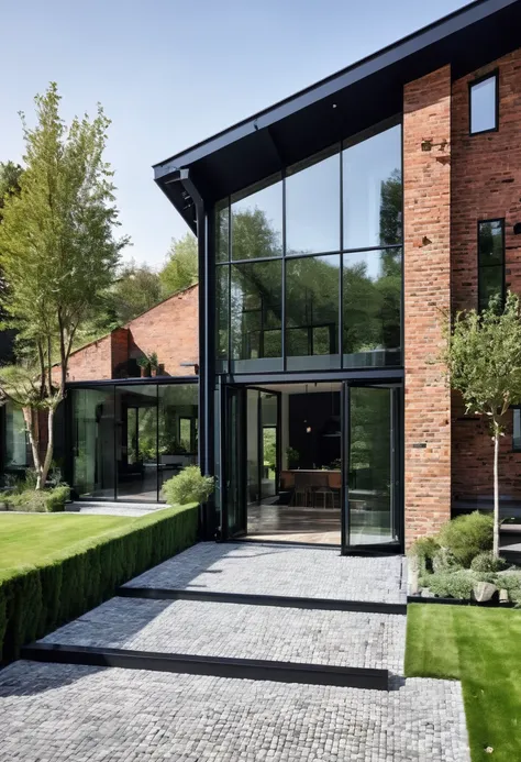 imagine an industrial house with different levels, with a glass wall divided by a massive black iron structure, a wall with engl...