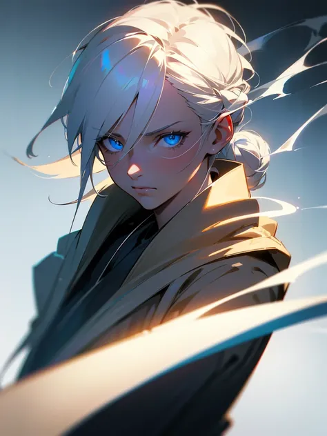 1 man, shoulder-length white hair tied in a bun, wearing a hoodie, blue eyes, smoking, detailed portrait, anime, cinematic lighting, dramatic, moody, high quality, 8k, hyperrealistic, photorealistic, chiaroscuro, dramatic lighting, soft focus, warm color p...