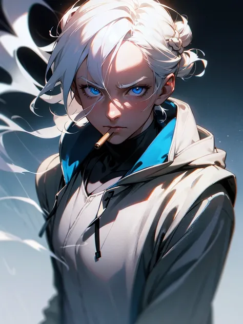 1 man, shoulder-length white hair tied in a bun, wearing a hoodie, blue eyes, smoking, detailed portrait, anime, cinematic lighting, dramatic, moody, high quality, 8k, hyperrealistic, photorealistic, chiaroscuro, dramatic lighting, soft focus, warm color p...