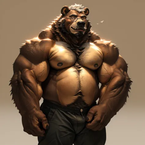 a huge muscular old bear with glasses, brown furry hairy pectoral, huge wide pectoral, short white hair, short black pants and shirtless, topless, bearded with mustache, simple background, (best quality,4k,8k,highres,masterpiece:1.2),ultra-detailed,(realis...