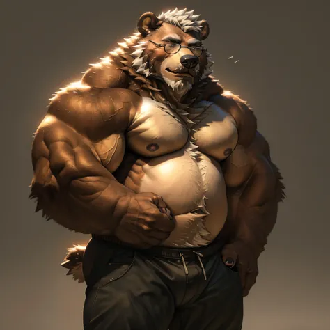 a huge muscular old bear with glasses, brown furry hairy pectoral, huge wide pectoral, short white hair, short black pants and shirtless, topless, bearded with mustache, simple background, (best quality,4k,8k,highres,masterpiece:1.2),ultra-detailed,(realis...