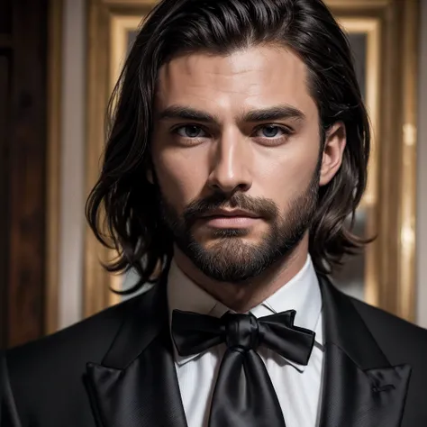  (((loosing black tie))), (masterpiece, best quality:1.4), portrait Solo, 30 years man, beard, european, brown eyes, serious eyes, black suit, brown medium hair, shoulder-length hair,wavy hair, sharp eyes