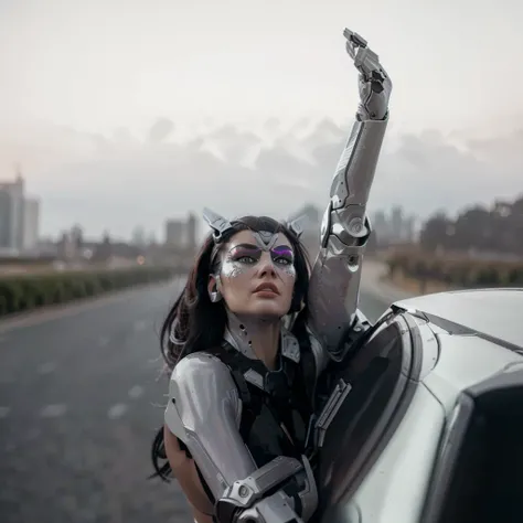 futuristic robo woman , chilean, ash gray high hair bun with short straight bangs, dark brown eyes, transparent futuristic googles , glossy light gray matte lipstick, futuristic metallic makeup, futuristic headset, liquid metal body coating, chrome goddess...