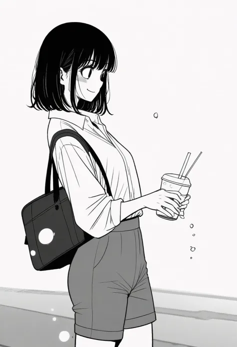 masterpiece, best quality, 1girl, mamerakkkkko, grayscale, style: manga, japanese, chi no wadachi, black eyes, street, iced, black hair, schoolbag, smile, lineart, white background, white shirt, grey shorts,
