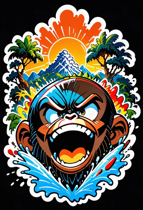 (((a sticker))), (((white background))),(((splash art))), intricately detailed t-shirt design ready for print , 2d, ONE BLACK angry shouting furious HUGE KING KONG in foreground,mountains peek Jungle sunset at the background, (((letters "KONG" ))), vibe de...