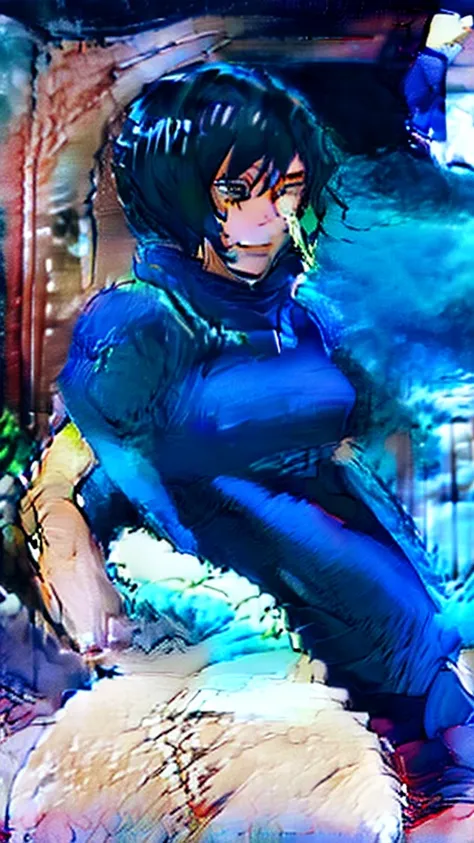 ((best quality)), ((masterpiece)), (detailed), perfect face, blue top, crop top, blue fitted legging shorts, huge breasts, huge ass