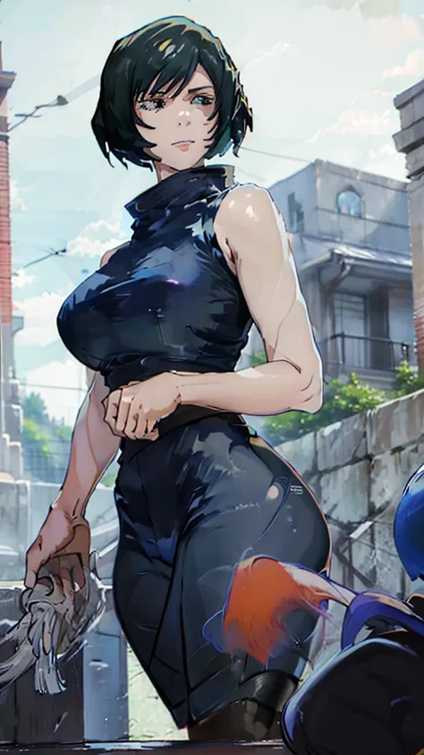 ((best quality)), ((masterpiece)), (detailed), perfect face, blue top, crop top, blue fitted legging shorts, huge breasts, huge ass