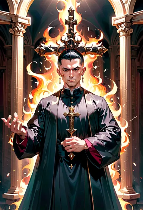 Create an image with a muscular maromba priest in a cassock tearing up with so much muscle the priest has a brave face with a crucifix in his hand expelling demons with a background of fire the desperate demon full hd