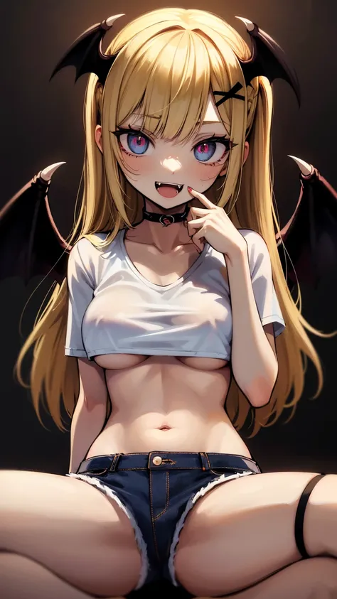 (best quality,4k,highres),sexy demon ,open denim shorts,white wet t-shirt,bare midriff,underboob,batwings,dracula fangs,gazing at viewer,portraits,vivid colors, Blonde hair,dark and atmospheric lighting, On her Knees looking up at viewer, 