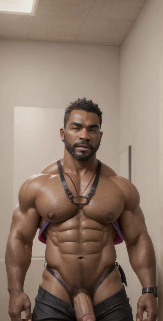 1boy, African American, solo, facial hair,34 yrs old, dom, male focus, flaccid penis, bald head, pectorals, bara, muscular, mature male, muscular male, abs, beard, ring nipples, chest harness, short hair, navel, stomach, large pectorals, thick eyebrows, ba...