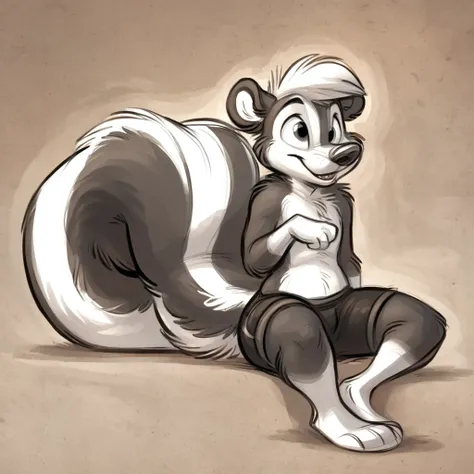 A anthropomorphic skunk, wearing black swimming shorts, doing a sitting pin up pose, has thick thighs, high quality, crisp, 