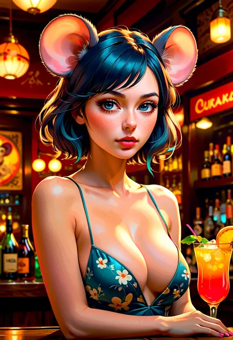 Mucha rough sketch style , Hallucination, daydream , nightmare , Insane Dream , bokeh , erotica , realistic Japanese female mouse , round face , Seductive eyes , (Cleavage:0.9) , realistic long nose , Bar, Cocktails , cheese