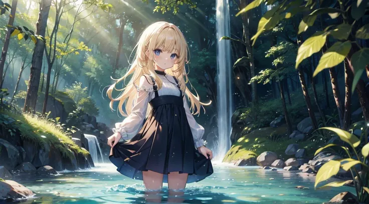 木の枝を通して光線と夕日に向かってforestの中を歩く白いdressの女の子、1girl、solo、nature、dress、forest、Long Hair、白いdress、Outdoor、Water Play