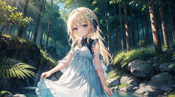 木の枝を通して光線と夕日に向かってforestの中を歩く白いdressの女の子、1girl、solo、nature、dress、forest、Long Hair、白いdress、Outdoor、Water Play