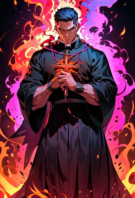 Create an image with a muscular maromba priest in a cassock tearing up with so much muscle the priest has a brave face with a crucifix in his hand expelling demons with a background of fire the desperate demon full hd