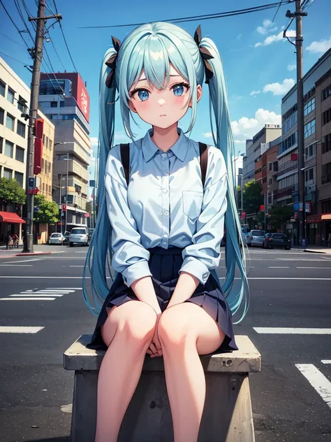 There is a woman sitting on a traffic light with the sky in the background, Light blue long hair、Beautiful girl with twin tails、The traffic light is flashing red、 Lo-fi art style, Nostalgic and melancholic artwork, 