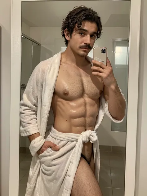 Handsome boy , light mustache, hot body , medium curly hair , mirror selfie, best quality like its taken by iPhone 12 , wearing shower robe