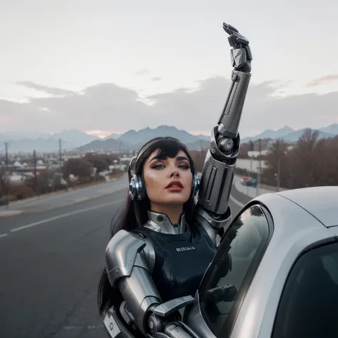 futuristic robo woman , chilean, ash gray high hair bun with short straight bangs, dark brown eyes , glossy light gray matte lipstick, futuristic metallic makeup, futuristic headset, liquid metal body coating, chrome goddess, parted lips, leaning out the w...