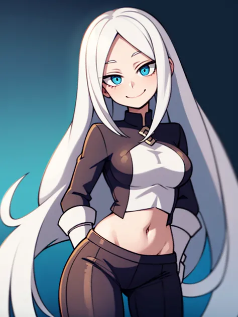 smiling girl with long white hair and very light blue eyes and with less tight clothing my hero academia 