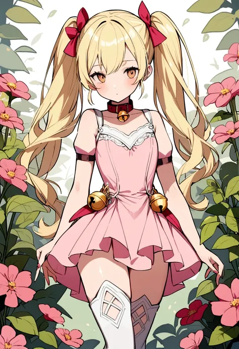 A young slim blonde girl with twintails and bell collar in a pink dress standing in an flower garden. She wears thigh high boots. 