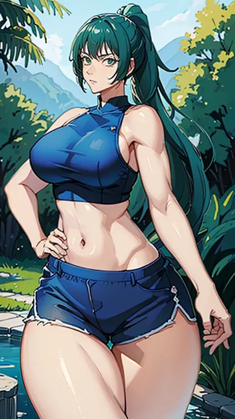 ((best quality)), ((masterpiece)), (detailed), perfect face, blue top, crop top, blue fitted dolphin shorts, huge breasts, huge ass , green hair, pony tail