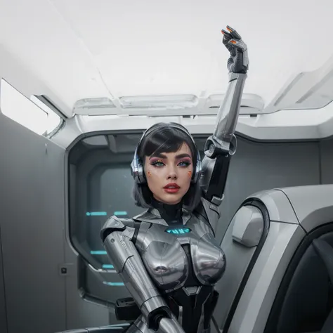 futuristic robo woman , chilean, ash gray high hair bun with short straight bangs, dark brown eyes , glossy light gray matte lipstick, futuristic metallic makeup, futuristic headset, liquid metal body coating, chrome goddess, parted lips, leaning out the w...