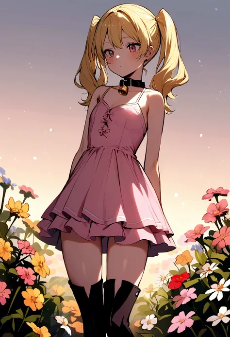 A slim blonde teenage girl with twintails and bell collar in a pink dress standing in an flower garden. She wears thigh high boots. 