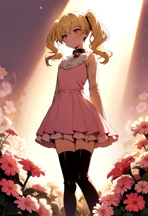 A slim blonde teenage girl with twintails and bell collar in a pink dress standing in an flower garden. She wears thigh high boots. 