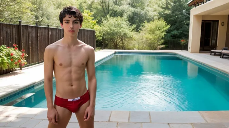 ((ultra quality)), ((ultra masterpiece)), (ultra detailed), 16 year old young man, twink, skinny, shirtless, emaciated, black short hair, blue eyes, red lips, light red swim briefs, tight swim briefs, skin tight swim briefs, see through swim briefs, kissin...