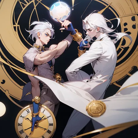 Create an image of a Jojo stand that looks like the Platinum star but with white hair and a clock hand design 