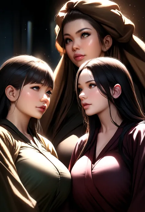 three girls with huge breasts very realistic, robe