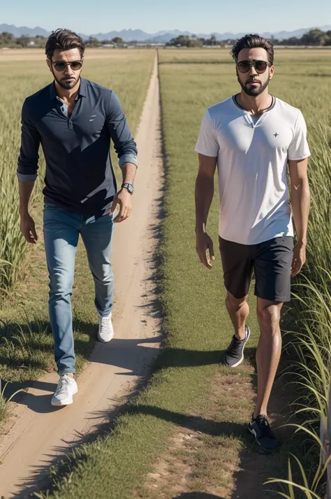 Dois homens caminhando em um campo de trigo