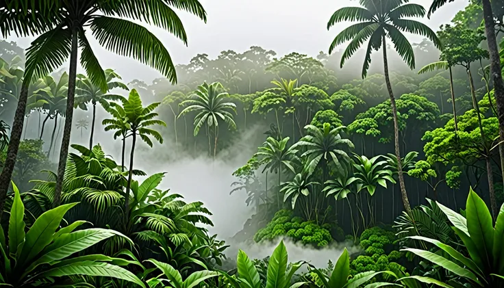 Tropical forest with fog, tropical island, realistic 