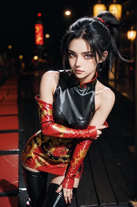 (raw photo, best quality), cute girl with short black hair, (ponytail), (city roof at night background), low light , dark eyelin...