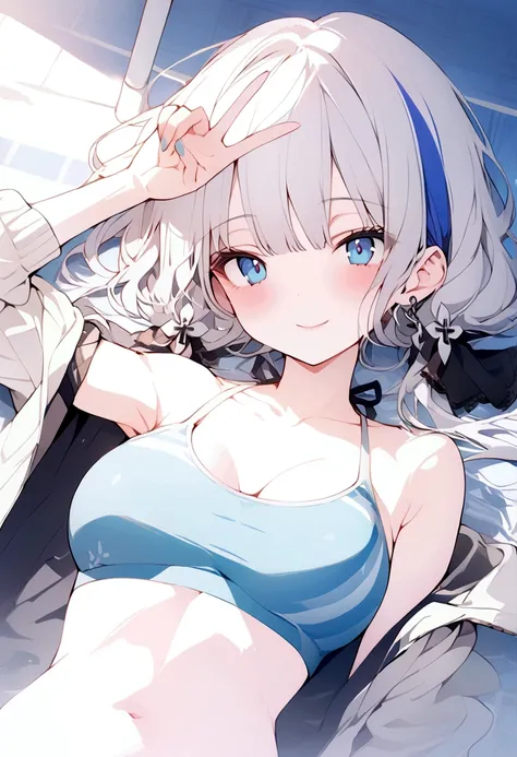 beautiful, masterpiece, Highest quality, anime, One girl, C Cup,Portrait Shot, View your viewers, Intricate details,>,((Covered、Short Hair、nearby、Blue Eyes、art、White hair,Blue streaked hair、wallpaper、 With a smile、Thighs、Poolside、Lying on your back、Swimsui...