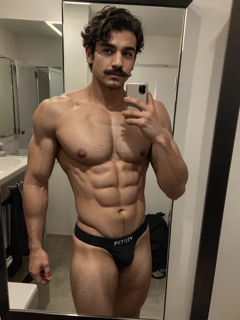 Handsome boy , light mustache, hot muscular body , medium curly hair , mirror selfie, best quality like its taken by iPhone 12 , wearing black brief