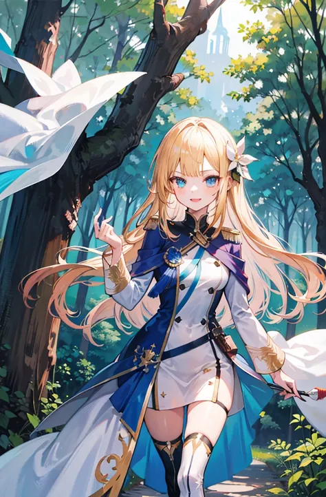 (Standing painting: 1.2) + (1girl:1.5)+ golden hair + princess cut + white knight uniform + detailed eyes and nose + deep blue eyes +  white battle uniform + domineering, masterpiece, best quality,evil smile,holy,((forest background)),adult,