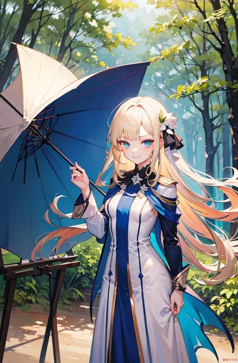 (Standing painting: 1.2) + (1girl:1.5)+ golden hair + princess cut + white knight uniform + detailed eyes and nose + deep blue eyes +  white battle uniform + domineering, masterpiece, best quality,evil smile,holy,((forest background)),adult,