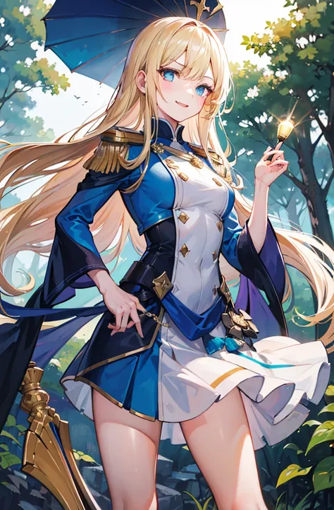 (Standing painting: 1.2) + (1girl:1.5)+ golden hair + princess cut + white knight uniform + detailed eyes and nose + deep blue eyes +  white battle uniform + domineering, masterpiece, best quality,evil smile,holy,((forest background)),adult,