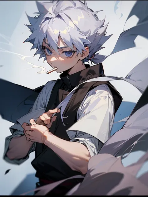 Killua Zoldyk with long hair partially tied in a bun, smoking 