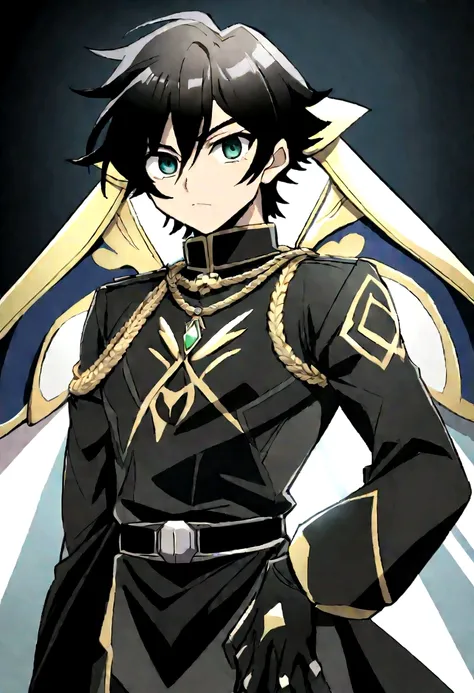 uma imagem em anime, de um homem mago de 20 anos, de cabelo curto preto e olhos azuis, wearing a black combat tunic that allows good mobility and protection, com detalhes prateados, usa um cinto prateado