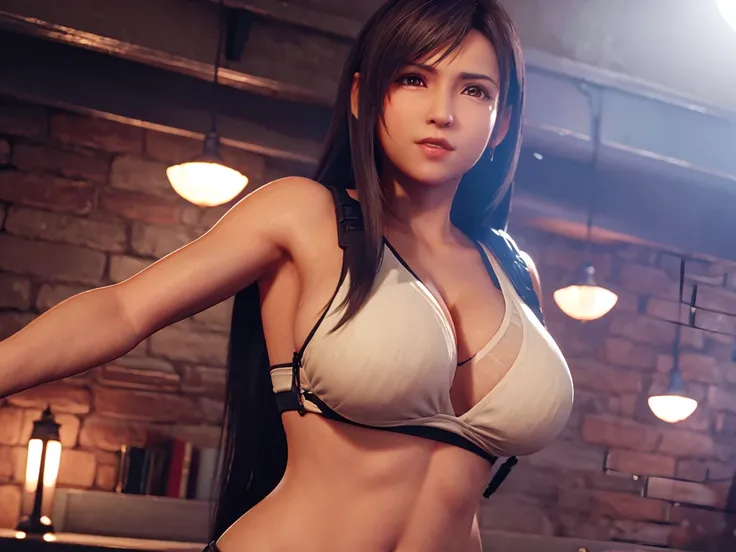 Tifa semidesnuda, cuerpo entero, pose sensual, culo redondo, big breasts and light brown eyes. 8K, mejor calidad, obra maestra