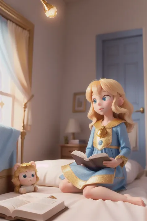 1353819831there is a with golden hair with beautiful and big brown eyes with white sparkles, she is in her room, while she is holding a book with a golden cover, she is sitting on the bed, and from the book emanates a golden light (( the book is magic)) th...