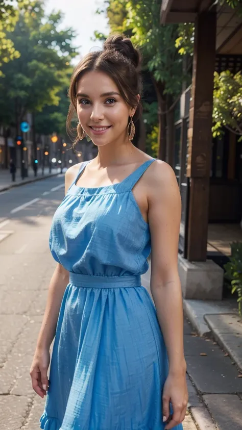 beautiful brunette woman wearing a blue dress, brown hair, hair bun, wide-eyed, earrings, light smile, En plein air, cinematic lighting, UHD, best quality