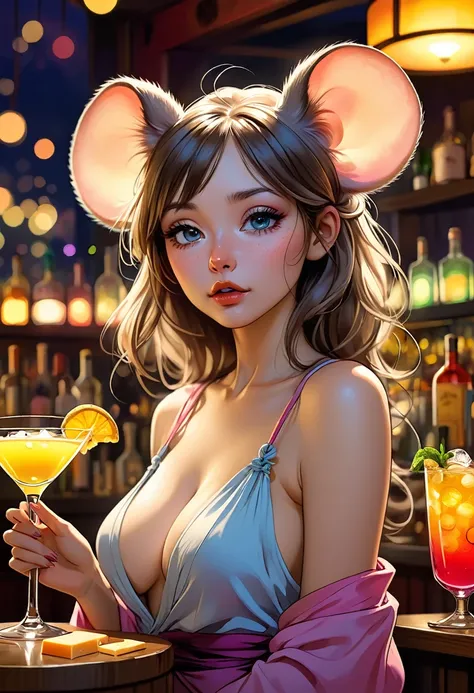 Mucha rough sketch style , Hallucination, daydream , nightmare , Insane Dream , bokeh , erotica , realistic Japanese female mouse , round face , Seductive eyes , (Cleavage:0.5) , realistic long nose , hair tie , Bar, Cocktails , cheese , (relax Clothes)