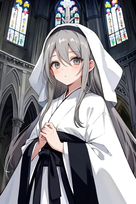 anime girl with long grey hair and grey eyes wearing church robes